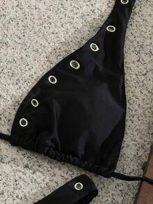 女士性感优雅V领挂脖系带露背比基尼，铆钉细节，高弹面料，沙滩度假两件式泳衣 - 黑色 - 查看 4