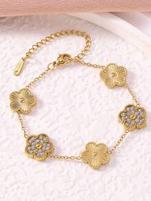 1件装时尚不锈钢镶钻五瓣花手链，优雅珍珠母贝奢华手链，女士款 - 鑲鑽五葉花貝母手鍊 - 查看 16