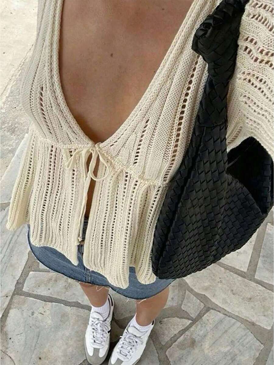 Cárdigan de punto de ganchillo blanco para mujer | Cuello en V con lazo, manga larga, transparente, para cubrir en la playa o resort - Albaricoque - Ver 1