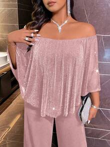 Plus Size Jumpsuit With Off-Shoulder Design, Fashionable & Elegant, Early Autumn - Pink - View 4