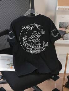 Kaos Lengan Pendek Longgar Kasual Motif Bulan & Jamur untuk Remaja Perempuan - Cocok untuk Sekolah dan Aktivitas Luar Ruangan di Musim Semi/Panas - Hitam - View 1