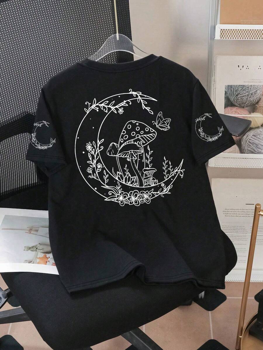 Kaos Lengan Pendek Longgar Kasual Motif Bulan & Jamur untuk Remaja Perempuan - Cocok untuk Sekolah dan Aktivitas Luar Ruangan di Musim Semi/Panas - Hitam - View 1