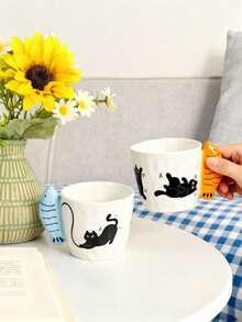 1 Stück kreative handbemalte schwarze Katze & Fisch Keramiktasse, Haushaltskaffeetasse - Verschiedenfarbig - Übersicht 2