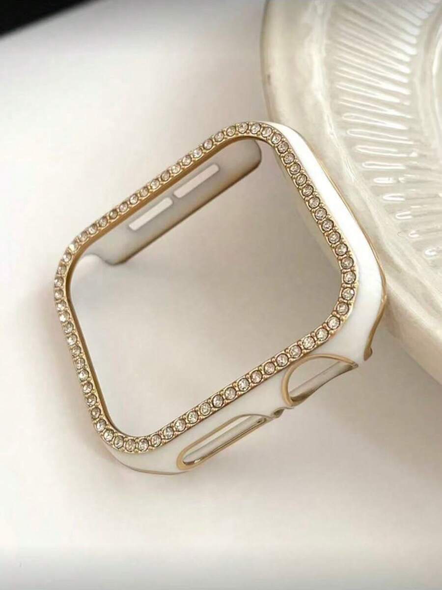 1PC White Shiny Rhinestone Decor Hollowed Out Case Flashing Anti-Fall Laser Engraving Bumper Cover, For Apple Watch Case 40/41/42/44/45/46/49MM, For Apple Watch Series Ultra/SE/10/9/8/7/6/5/4, Intelligent Watch Case Accessories - Hollow White + Gold - View 1