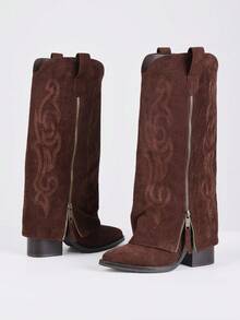 Women's Western Fold Over Cowgirl Knee High Boots Embroidered Chunky Heel Pointed Toe Side Zipper Cowboy Boots Vintage Fashionable Party Dress Shoes - Dark Brown - 查看 15