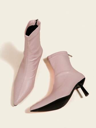 7厘米高跟踝靴/短靴，舒适时尚尖头修身弹力女靴，粉色
