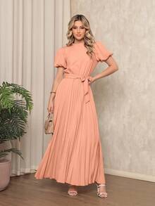 Women's Long Crepe Dress With Puff Sleeves, Tie Waist, And Pleated Skirt - Elegant And Sophisticated - 三文魚色 - 查看 2