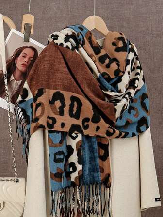1 pieza Bufanda de cachemira con bloque de color y estampado de leopardo para mujer, nueva llegada de otoño/invierno, cómoda, cálida y gruesa con flecos, moda de alta gama, versátil y suave con estampado de leopardo, adecuada para uso diario y salidas