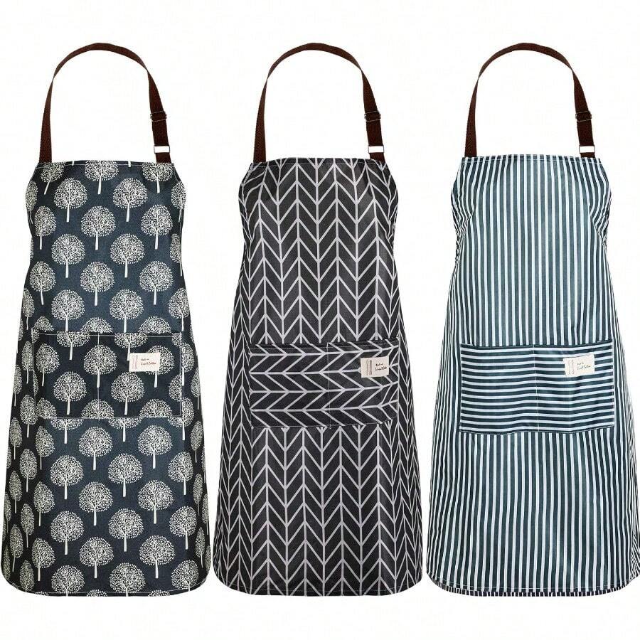 XZGB 3 Pieces Adjustable Bib Apron With Pockets Women Waterproof Cooking Aprons Men Chef Adults Baking Cleaning - 黑灰 - 查看 1