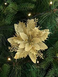 20件/10件 多色人造聖誕花，聖誕樹裝飾品，亮片鏤空網粉聖誕花，聖誕裝飾，節日配件，聖誕樹，花環花串，亮片聖誕花聖誕樹掛飾，節日裝飾DIY聖誕花環，派對裝飾 - 金色 - 查看 7