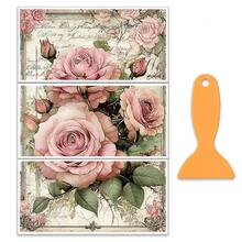 3pcs/Set Vintage Roses Rub On Transfers For Furniture And Craft 12x6 Inch Pink Roses Furniture Decals Flower Transfer Stickers Rub On Decal With 1pc Scraper For Wood Furniture Home Decoration,VintagePostcard - 復古明信片 - 查看 1