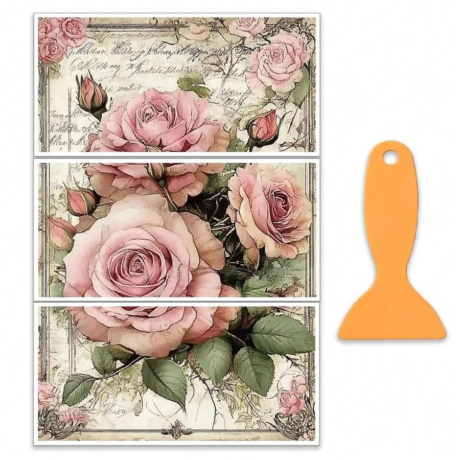 3pcs/Set Vintage Roses Rub On Transfers For Furniture And Craft 12x6 Inch Pink Roses Furniture Decals Flower Transfer Stickers Rub On Decal With 1pc Scraper For Wood Furniture Home Decoration,VintagePostcard - 復古明信片 - 查看 1