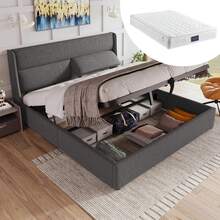 (=101198AAG) Upholstered Double Bed 140x200cm With Adjustable Headrests, Hydraulic Bed Frame With Storage, Linen Bed With Metal Slatted Base, Grey (With Mattress) - Gray + Linen - View 12