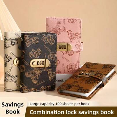 100天储蓄挑战记事本，带密码锁 - 防水防潮三环活页夹，可收纳照片、邮票、硬币 - 大容量整理本，适合学生、教师、员工 - 塑料材质，兼具家居装饰、储蓄记事本、安全收纳、复古美学、坚固结构、办公用品、经典设计、优质材料、办公人员、照片卡片活页夹、相册、照片卡片架