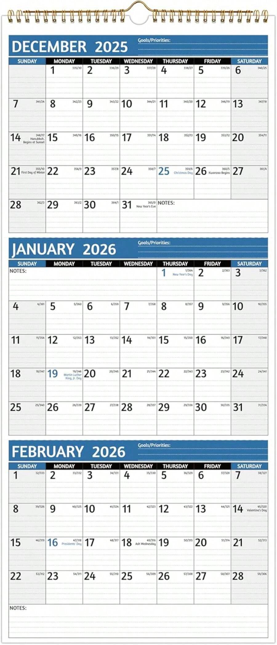 2026 Wall Calendar - 3 Month Calendar 2026 Vertical, Jan 2026 - Dec ...