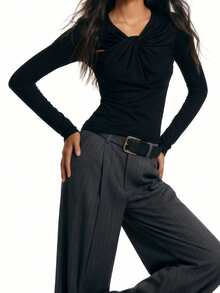 Women's Spring Summer Basic Tops Long Sleeve Solid Color Slim Fit Twist Knot Front Blouse - Black - View 3