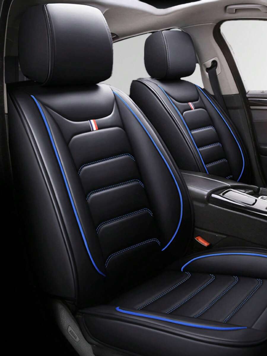 5-Seat Car Seat Covers Full Set, Black Blue Stitching Leatherette, Universal Fit For Sedan SUV, All-Season Breathable Auto Seat Protectors - 黑藍色標準版 - 查看 1