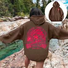 2025Hawaii Hibiscus Letter Print Embroidered Loose Sweatshirt Women's Drop Shoulder Sleeve Ribbed Hoodie Printlong Sleeve Tops,Tops,Hoodies - 棕色椰子樹 - 查看 1