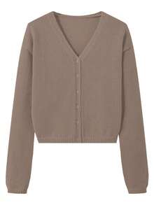 LUBI Basic Loose Fit V-Neck Cardigan, Relaxed Silhouette, Soft Knit Fabric, Solid Color, Comfortable For Spring, Autumn & Winter, Suitable For Casual, Daily, Commute, Afternoon Tea, Travel - Maroon - View 5