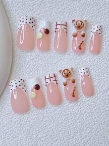 10 件 Y2K Nails 管状按压指甲套装 - 手工制作，粉色指甲、棕色指甲、白色法式尖头指甲、手工制作的 3D 猫咪和 3D 纽扣、手绘波尔卡圆点和条纹设计、闪亮可爱指甲 - 适合女士和女孩，派对、婚礼、日常佩戴、DIY 美甲，美甲套装，包含工具包。方形指甲。手工亚克力方形按压指甲。哥特式指甲。美甲用品猫咪指甲。（猫咪为手工制作，每只可能看起来不同） - 彩色 - 查看 5