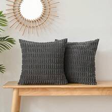 Volcanics Pack Of 2 Corduroy Decorative-Throw-Pillow-Covers-18x18, Soft Striped Square Cushion Cases, Modern Farmhouse Boho Home Decor, Dark Grey,18inchx18inch(Packof2),DarkGrey - 深灰色 - 查看 4