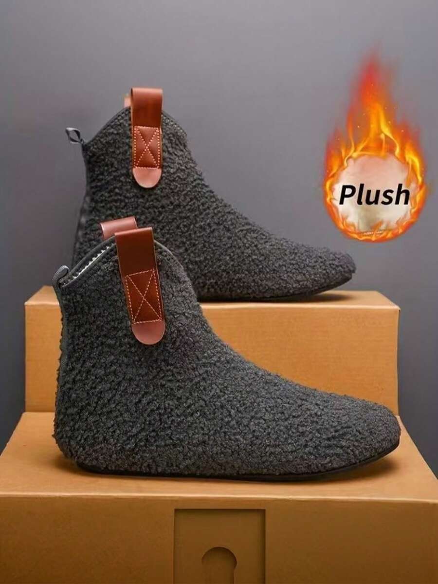 Men's Warm Fleece Casual Slippers, Indoor Loafers, Breathable, Soft Sole, Flat Shoes, Suitable For Couples, Indoor Home Slippers Men's Winter Snow Boots, Warm Thermal Lined, Non-Slip Sole, Suitable For Hiking, Outdoor Walking, Casual Versatile - Grey - View 1