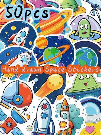 50pcs Space-Themed Stickers Astronaut, Rocket, Star Designs Perfect For Laptops, Skateboards, Birthday Gifts, Bicycles, Guitars Party Decorations Unique Decorative Items Ideal For Holiday Gifts, Party Decorations, Back-To-School Rewards Suitable For Teens And Adults