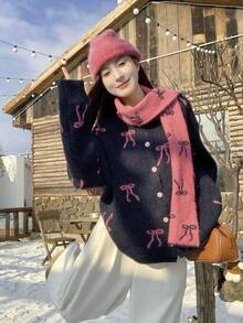 Korean Style Cute Bow Decor Scarf Knitted Cardigan Sweater Jacket - Navy - View 2