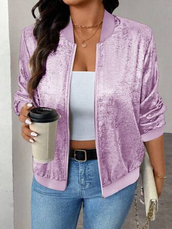 Keke Bloomly Women's Lightweight Casual Foil Zip-Up Baseball Jacket, Champagne Color, Plus Size, Fashionable Cardigan