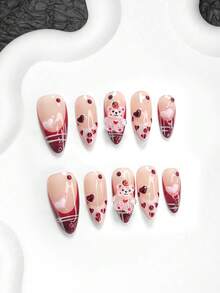 10pcs Romantic Teddy Bear Valentine's Day Nail Art Set, French Press-On Nails, Red Crystal Fake Nails, Pink Heart Nail Decorations, Gel Nail Kit, Pink & Red Nails, Includes Nail Tools (1pc Jelly Sticker + 1pc Nail File), 3 Sizes Available: Almond, Duck, Coffin Shape, Suitable For Party, Wedding, Valentine's Day, Daily Wear - 彩色 - 查看 12