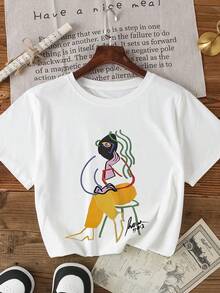 Camiseta blanca de moda de verano con un diseño abstracto de figura humana colorida, que muestra una prenda personalizada y única - Blanco - Ver 1