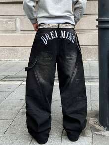 1pc Vintage American High Street Embroidered Patchwork Loose Baggy Distressed Jeans For Men, Fashion Versatile Casual Long Pants (No Belt & Accessories)