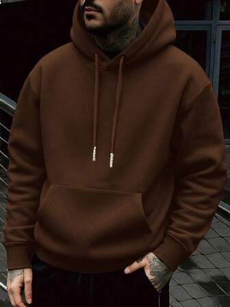 1 pieza Sudadera con capucha casual de unicolor de manga larga con cordón y bolsillo para hombre, estilo básico negro, para otoño/invierno, temporada de regreso a la escuela