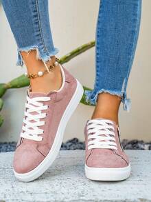 女士新款休闲户外舒适侧拉链运动鞋，正面系带圆头粉色布面低帮滑板鞋，平底休闲运动鞋 - 粉色 - 查看 3