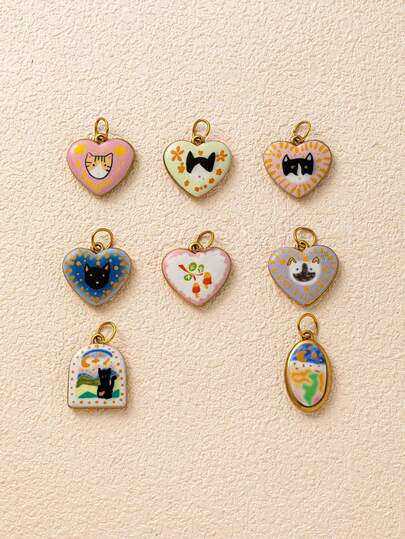 1件时尚简约爱心系列可爱猫咪、心形蝴蝶结、星空、黄色小狗18K镀金不锈钢吊坠，适用于DIY珠宝、项链、手链、耳环、钥匙扣、包包配饰、女士珠宝配饰、钱包配饰、不锈钢吊坠、DIY配件