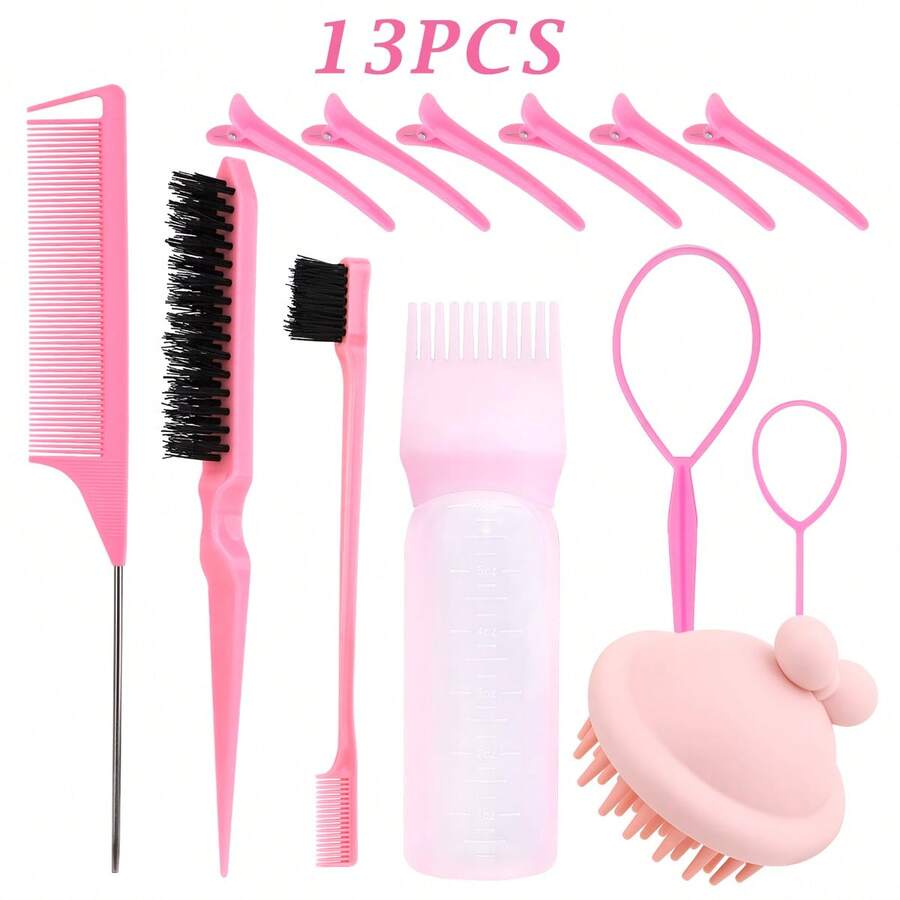 13pcs Pink Hair Care Set, Includes Scalp Massage Brush, Hair Brush, Shampoo Comb, Clips, Hair Styling Tools & Accessories, Essential For Vacation & Travel, Suitable For All Hair Types, Versatile For Haircut, Beauty, Travel - Pink - View 1