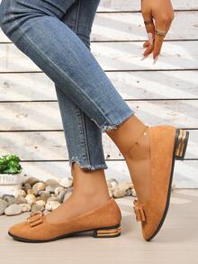 大码女式时尚尖头蝴蝶结平底鞋，休闲通勤芭蕾平底鞋，春秋季 - 棕色 - 查看 6