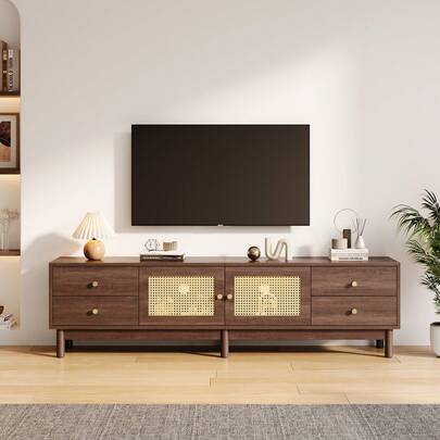 180cm Long TV Unit, Dark Wood Look, With Two Rattan Doors, Four Drawers, Cable Management System And Hydraulic Hinges – Suitable For TVs Up To 80 Inches.