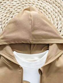 Young Boy Cartoon Print Crew Neck Long Sleeve Sweatshirt, Zip-Front Hooded Vest, And Elastic Waist Jogger Pants Casual Outfit Set - Khaki - View 4