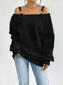 Fashionable Minimalist Solid Color Off Shoulder Long Sleeve Sweatshirt, Spring/Autumn - Black - View 6