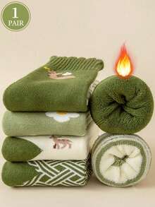 5 Pairs Women's Warm Thickened Plush Lined Socks With Floral, Deer, Striped Patterns, Comfortable For Sports, Home, Casual, Commute In Autumn/Winter