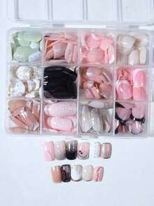 24pcs/Set Medium Square Shiny Colored French Manicure Nail Stickers, Containing Glter, Full Coverage Acrylic False Nails, Inclus 1pc Jelly Gel And 1pc Nail File, Suable For Women And S For Daily Work, Study And Garings - Multicolor 10 - 查看 4
