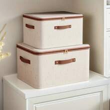 1/2 paquetes de cestas de almacenamiento con tapa con cremallera, cajas de almacenamiento con tapa de tela plegables, lavables, organizador de estantería de armario, contenedor con asas, caja de almacenamiento plegable y portátil para dormitorio, organizador de ropa y edredón a prueba de polvo, para debajo de la cama (Beige) - Beis - Ver 3