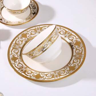 Elegante y lujoso juego de vajilla de cerámica con decoración floral dorada, con borde dorado estilo europeo - Platos redondos para filete, plato principal, pasta, ensalada, postre, sushi - Tazones, tazones para ensalada, utensilios de cocina multiusos, adecuado para restaurante, reunión familiar, vajilla duradera para todo el año