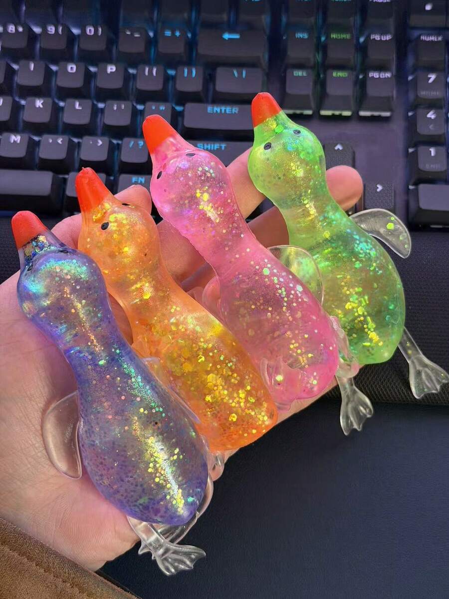 1pc Glitter Crystal Goose/Duck/Penguin/Animal Shaped Soft Slow Rebound Sticky Stress Relief Toy, Cute & Suitable For All Ages, Ideal For Holiday, Birthday, Easter, Halloween, Christmas Gifts - 彩色 - 查看 1