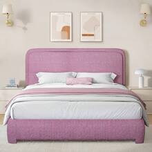 Twin/ Full/ Queen/ King Size Bed Frame, Boucle Upholstered Platform Bed With Headboard, Modern Style, Soft Rounded Corners, No Box Spring Required, Easy Assembly, Twin/ Full/ Queen/ King/ California King, Beige/ Grey/ Pink/ White/ Light Grey/ Black/ Green - 玫紅色 - 查看 16