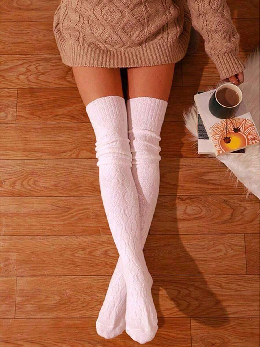1 Pair Fashionable & Versatile Thick Solid Knee-High Knitted Socks, Y2k - 白色 - 查看 1