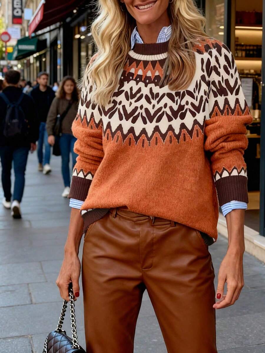 女士秋冬季休闲时尚厚款费尔岛风圣诞毛衣套头衫