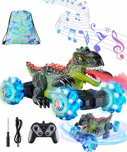 Children's Dinosaur Remote Control Car, 360 ° Rotating Remote Control Stunt Car, Double-Sided Four-Wheel Drive Electric Vehicle With LED Lights, 2.4GHz Rechargeable Toy Car Suitable For 6-12 Year Old Boys And Girls' Birthdays And Christmas Gifts
