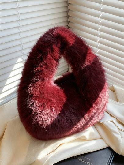 Furry Purse Mongolian Fur Bag, Faux Fox Fur Plush Sherpa Minimalist Niche Design, For Women Fall Winter Valentine's Day Essential, Fluffy Soft Fashion Casual Portable Underarm Tote Bag